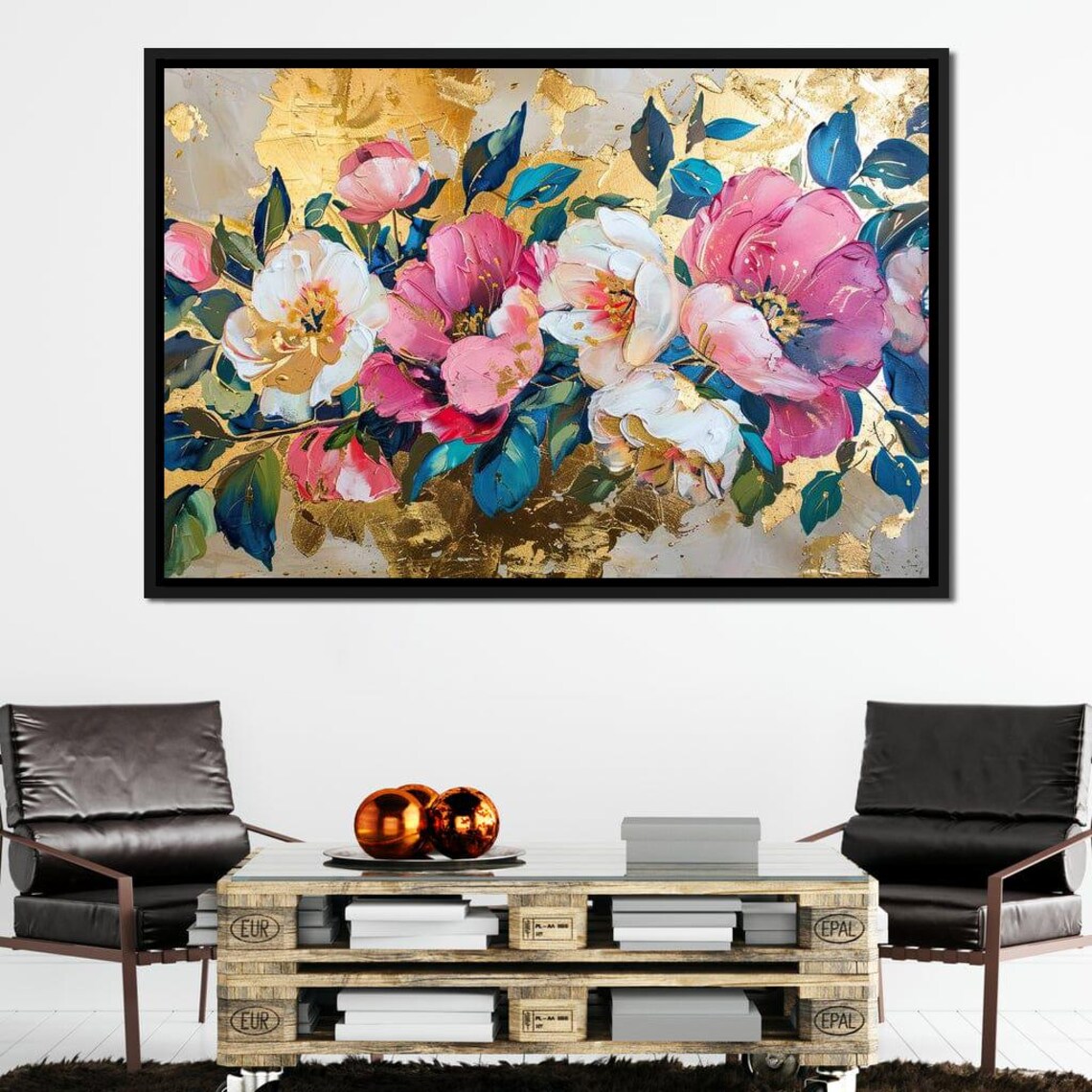 Pink White Blossoms Golden Foil Background Floral Wall Art Poster - Image 2
