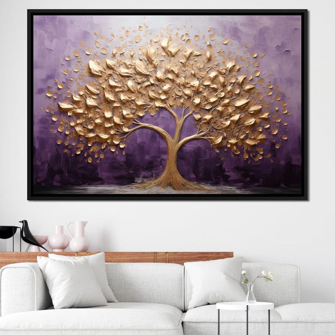 Golden Tree Purple Twilight Blooming Leaves Abstract Wall Art Poster - Image 3