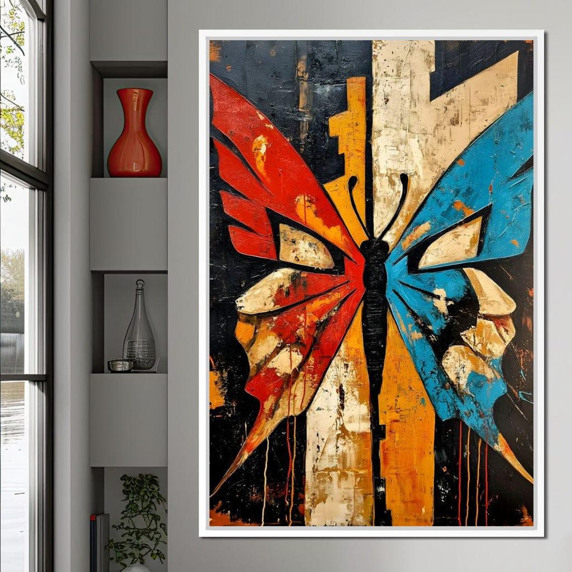 Abstract Butterfly Red Blue Wings Split Color Modern Art Print - Image 3