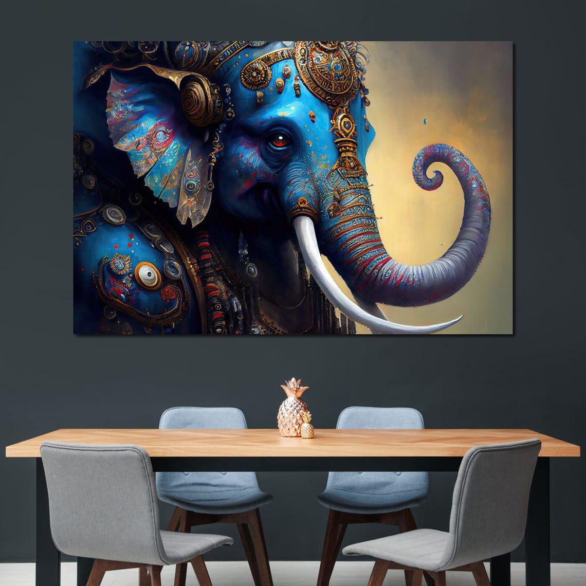 Ganesha Blue Elephant God Ornate Gold Hindu Spiritual Wall Art Poster - Image 2