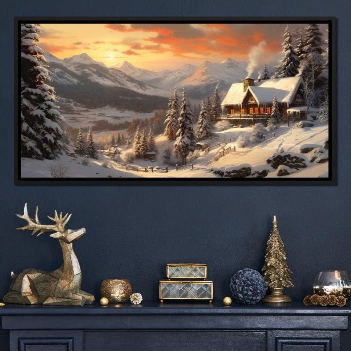 Christmas Cottage Winter Scene, Snowy Cabin Art Print