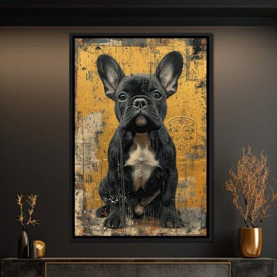 Ebony Paws On Golden Canvas French Bulldog Animal Portrait Dog Wall Art Bold Colors Home Decor Unique Design By Nichecanvas