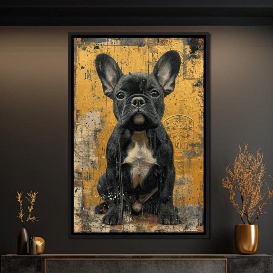 Black French Bulldog Gold Textured Bold Modern Dog Art Poster