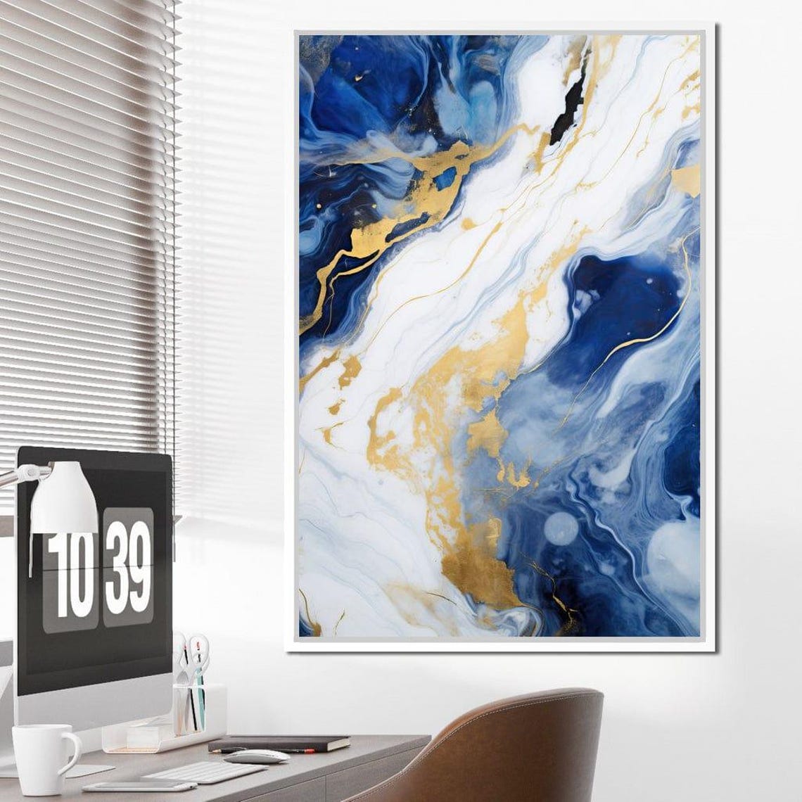 Blue White Gold Fluid Marble Elegant Vertical Abstract Wall Art - Image 2