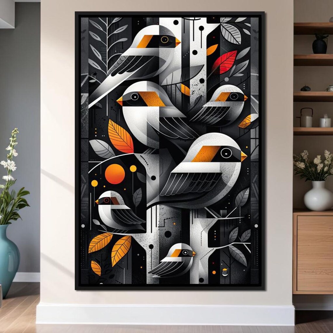 Geometric Songbirds Orange Patches Dark Autumn Night Wall Art