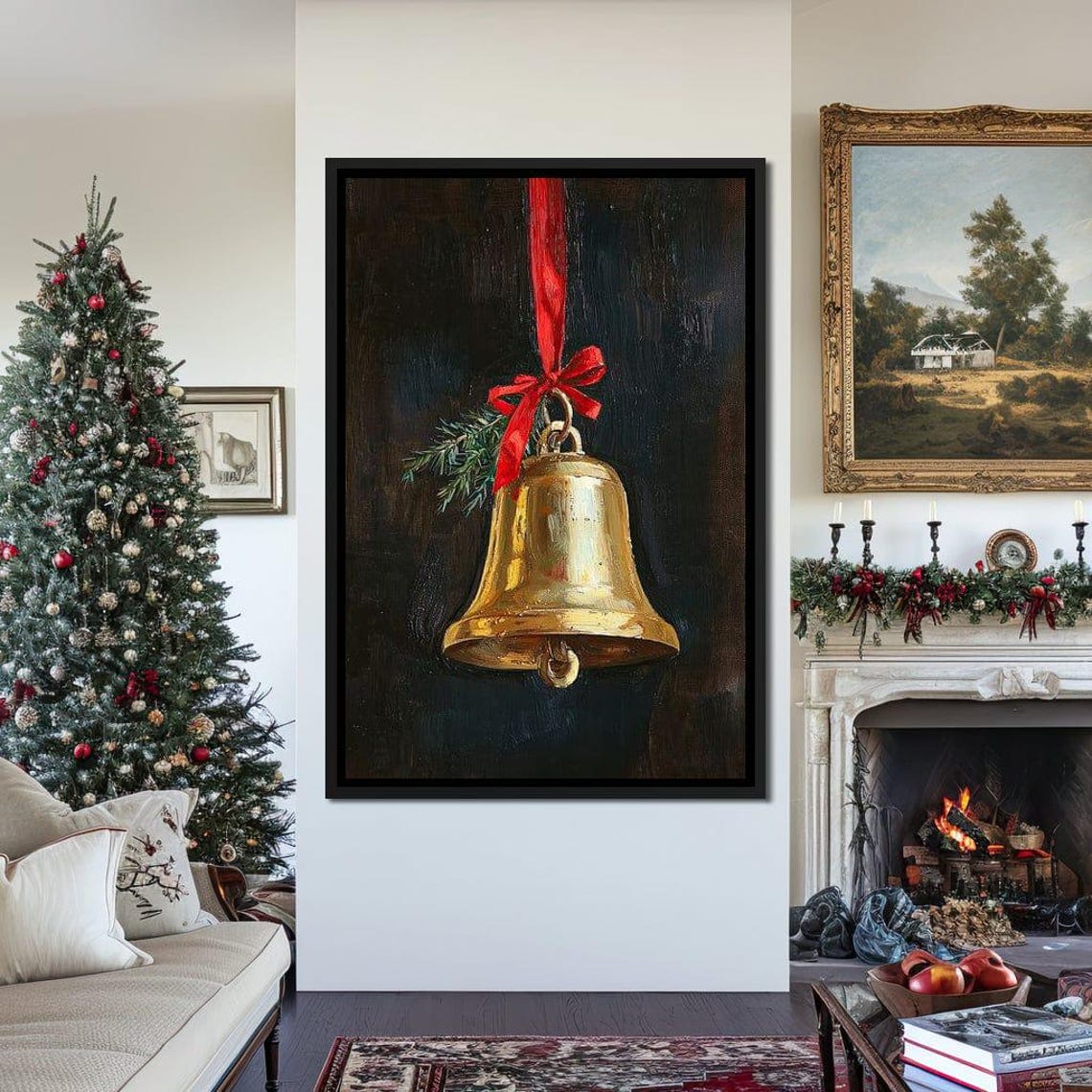 Golden Christmas Bell With Red Ribbon And Pine Sprig On Dark Poster