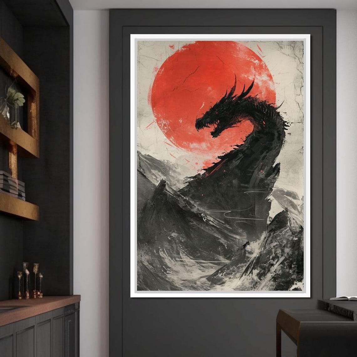 Black Dragon Red Sun Japanese Ink Fantasy Warrior Wall Poster - Image 4