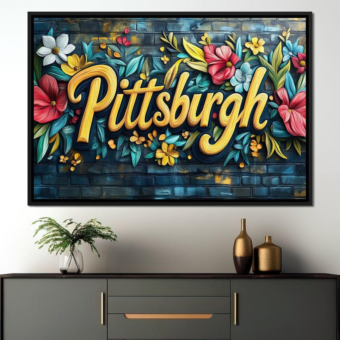 Pittsburgh Yellow Script Floral Mural on Teal Brick Wall Art Poster