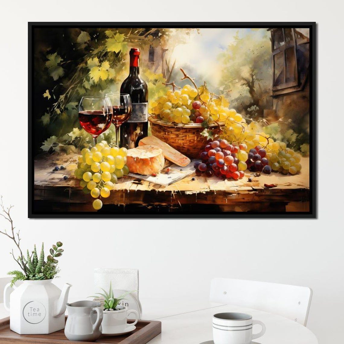 Sunlit Vineyard Wine Grapes Bread Basket Rustic Still Life Wall Art - Image 2