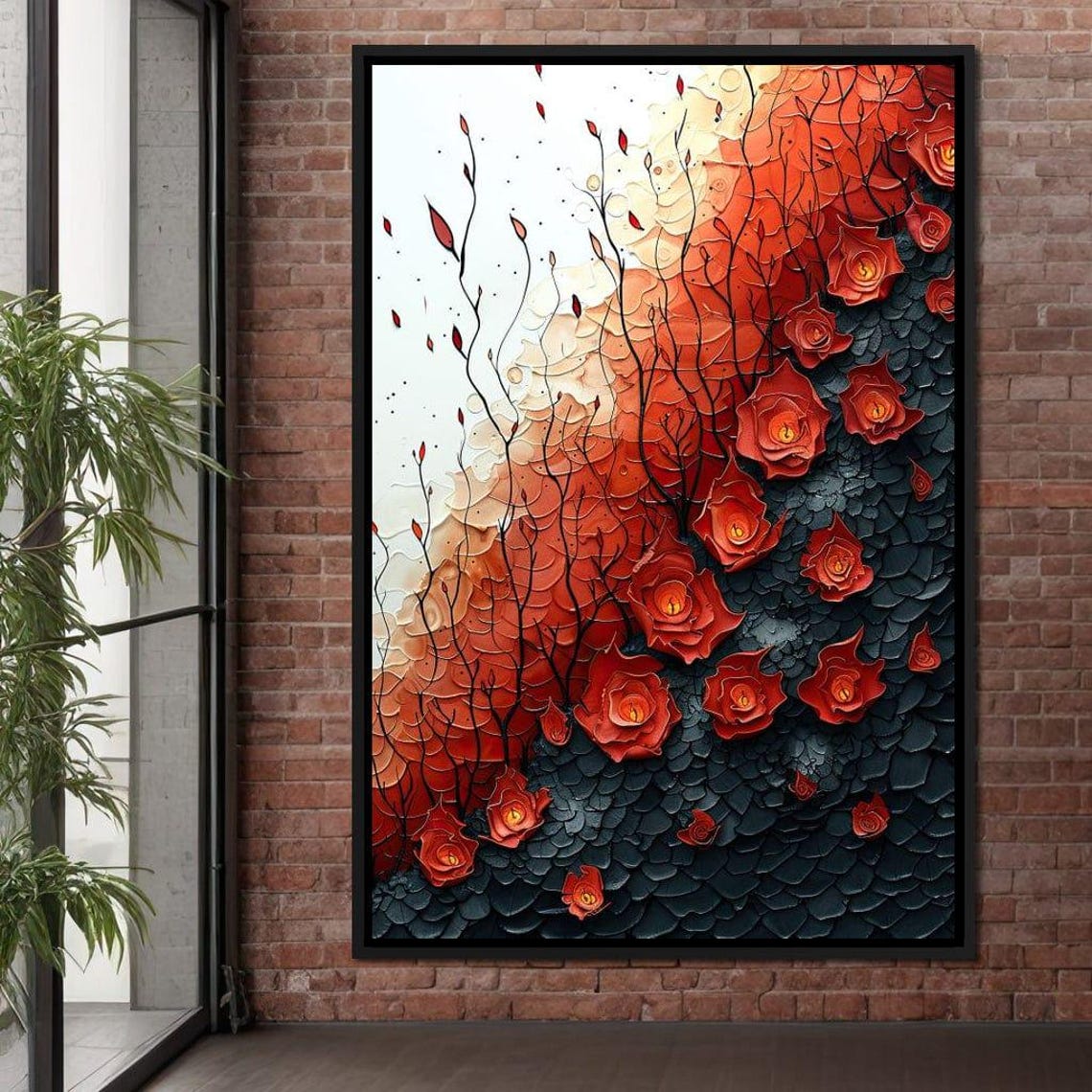 Red Roses Textured 3D Impasto Floral Painting Romantic Dark Wall Art