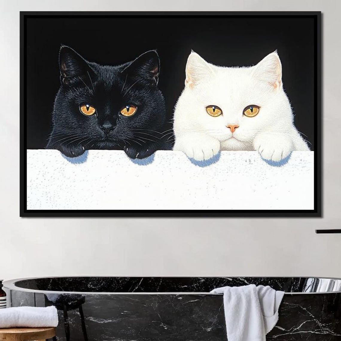 Black White Cats Peeking Over Edge Contrast Framed Cute Wall Art - Image 4