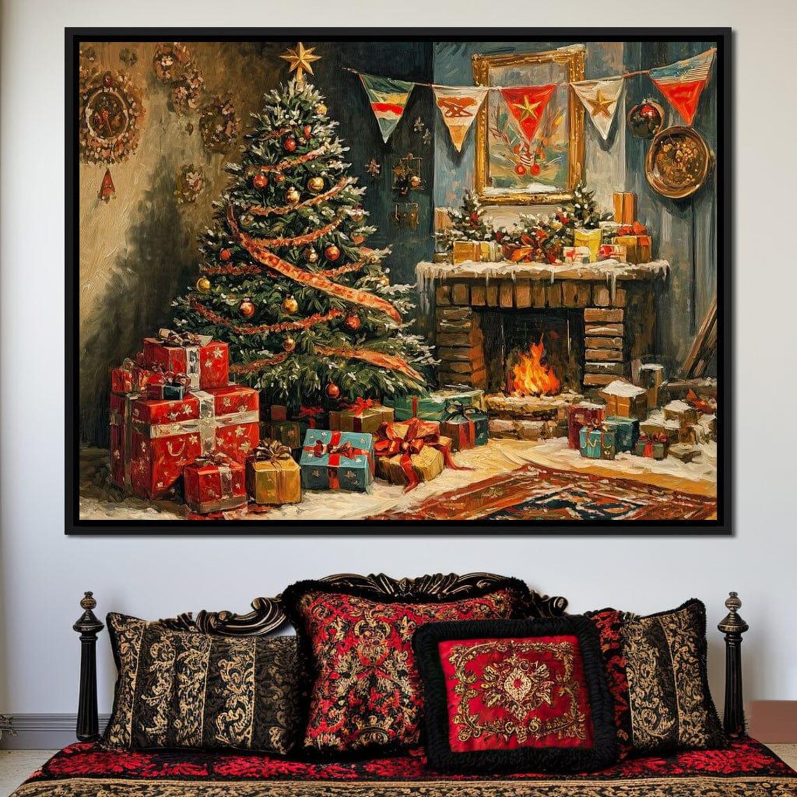 Vintage Christmas Living Room Tree Fireplace Gifts Festive Poster