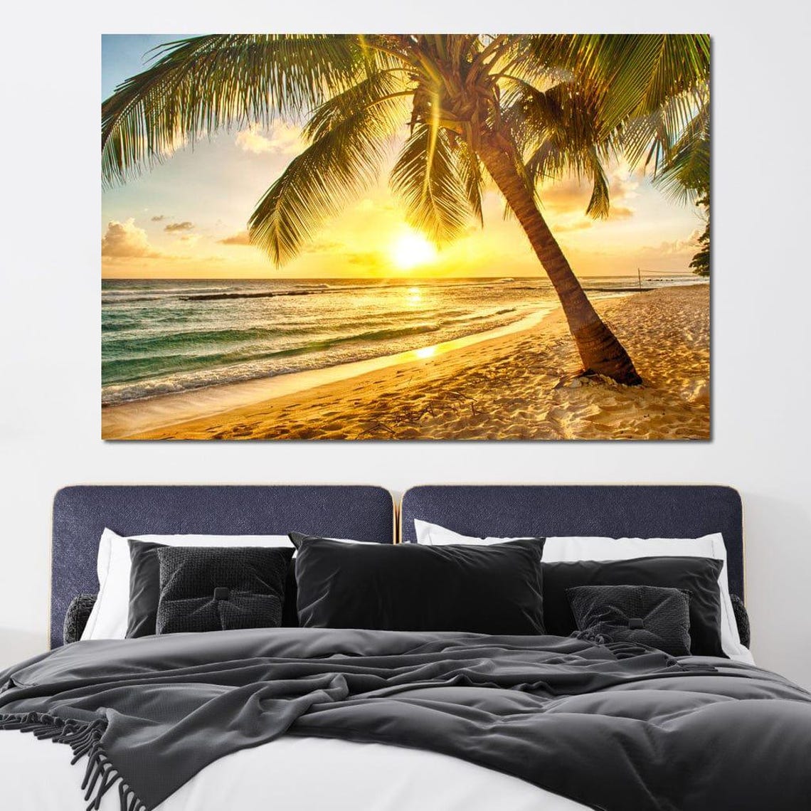 Leaning Palm Tree on a Tropical Beach at Golden Sunset Ocean Poster - Image 4
