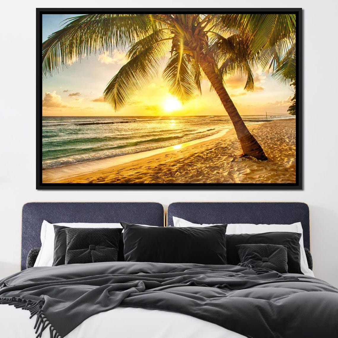 Leaning Palm Tree on a Tropical Beach at Golden Sunset Ocean Poster - Image 2