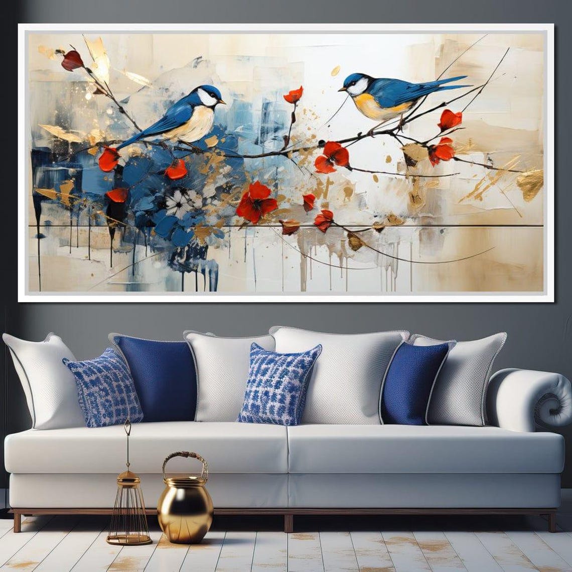 Bluebirds On Blossom Branch Five Panel Canvas Wall Art Poster - Image 4