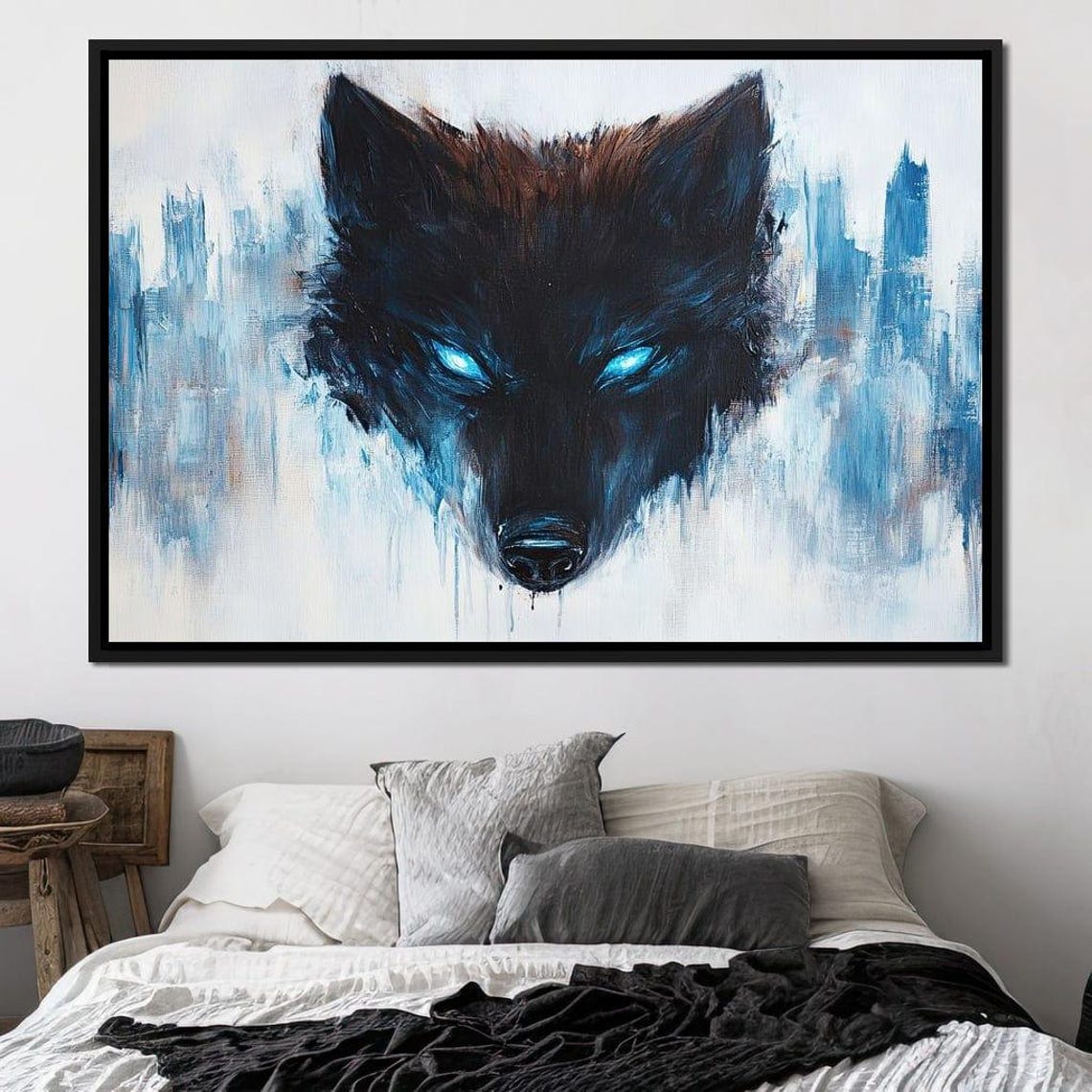 Black Wolf Glowing Blue Eyes Mystical Abstract Wildlife Wall Art - Image 2