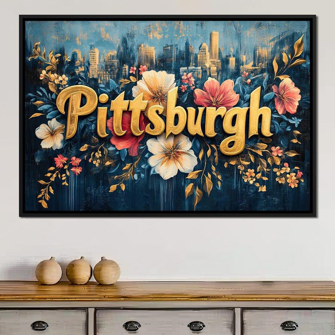 Pittsburgh Floral Gold Lettering Skyline Botanical Night Art Poster - Image 4