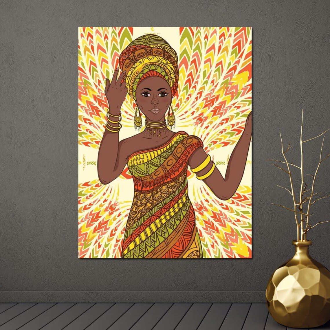 Joyful Dancing African Woman Vibrant Colorful Tribal Dress Wall Art - Image 2