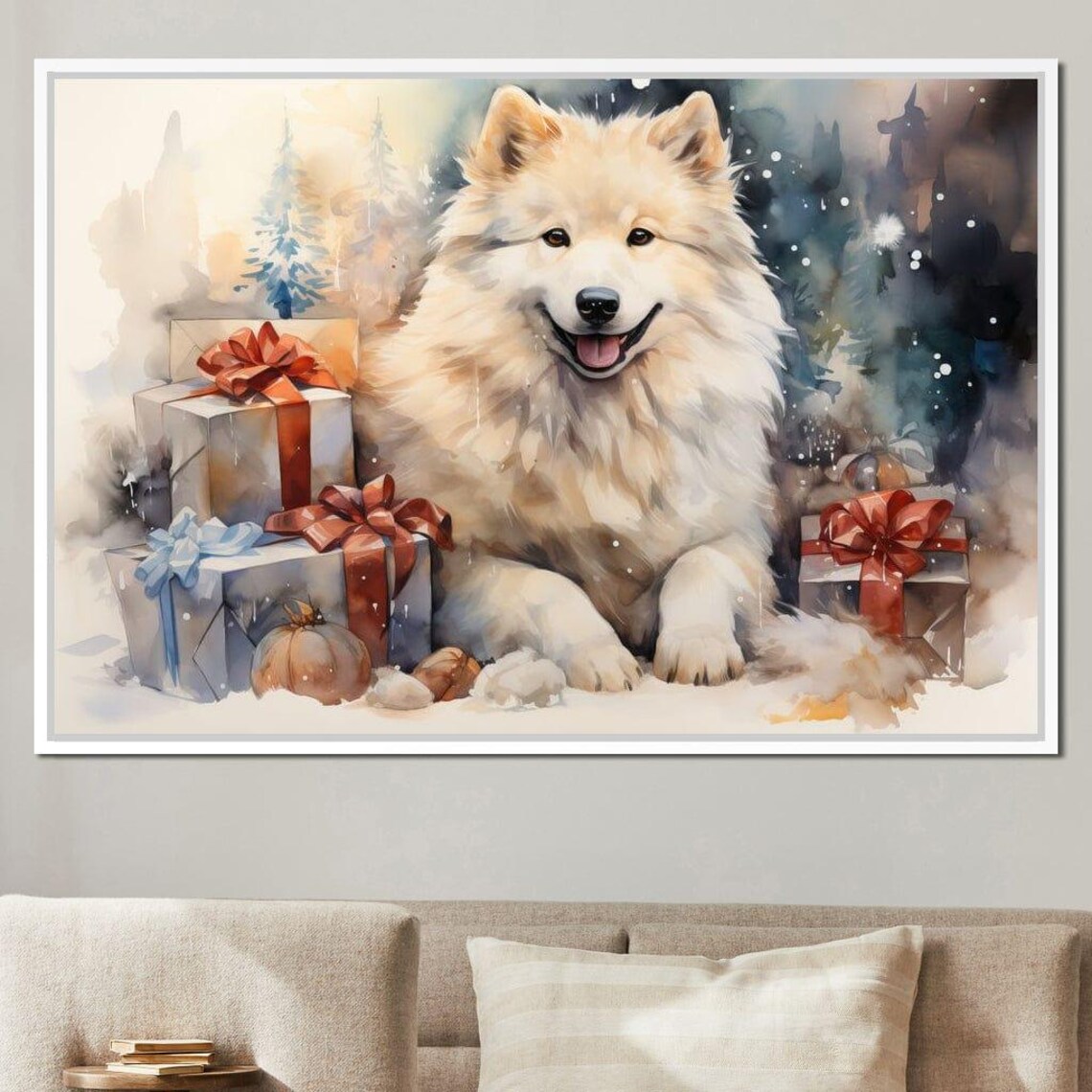 Smiling Samoyed Dog Christmas Gifts Snow Watercolor Winter Art Print