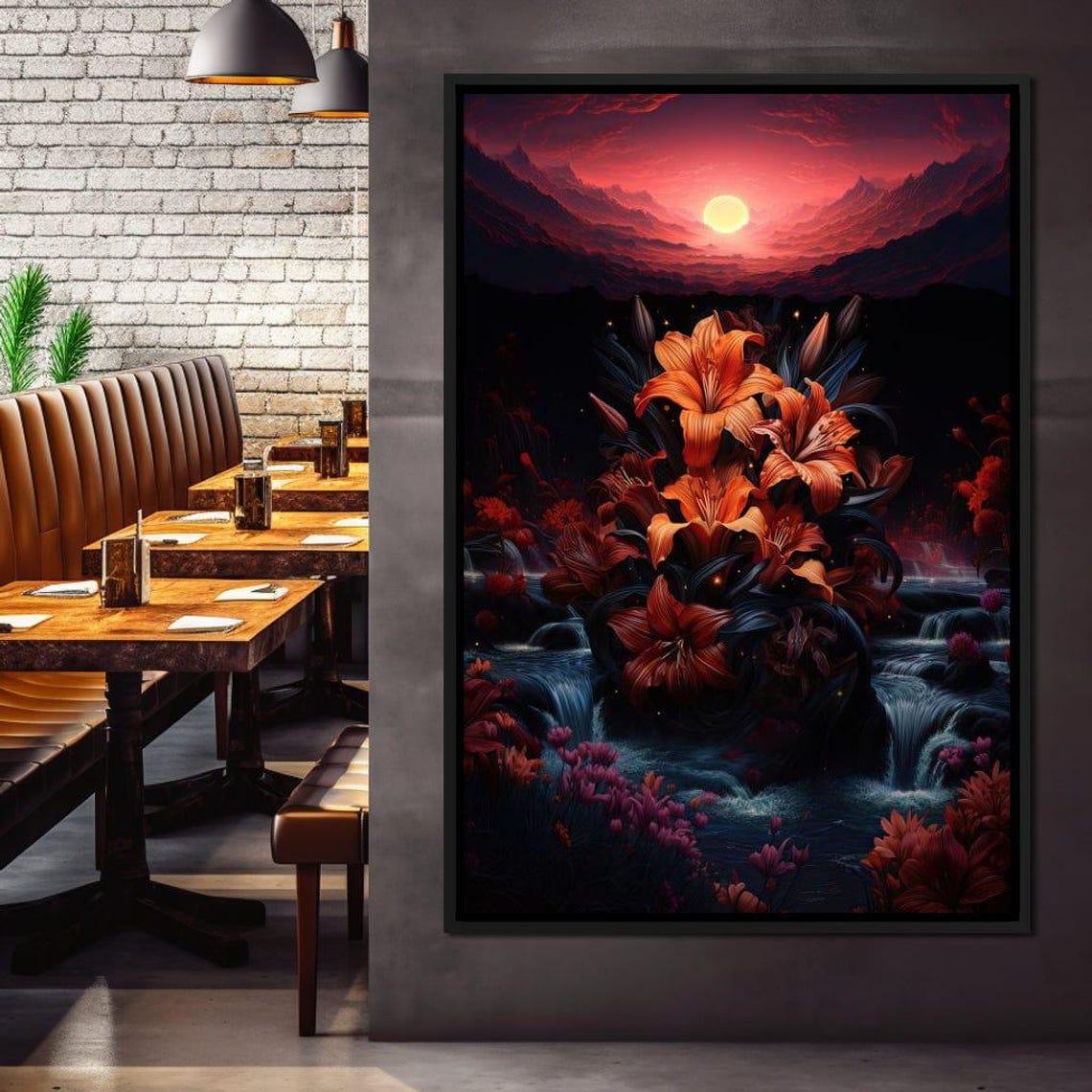 Fantasy Orange Lily Waterfall Sunset Moon Dreamy Landscape Poster