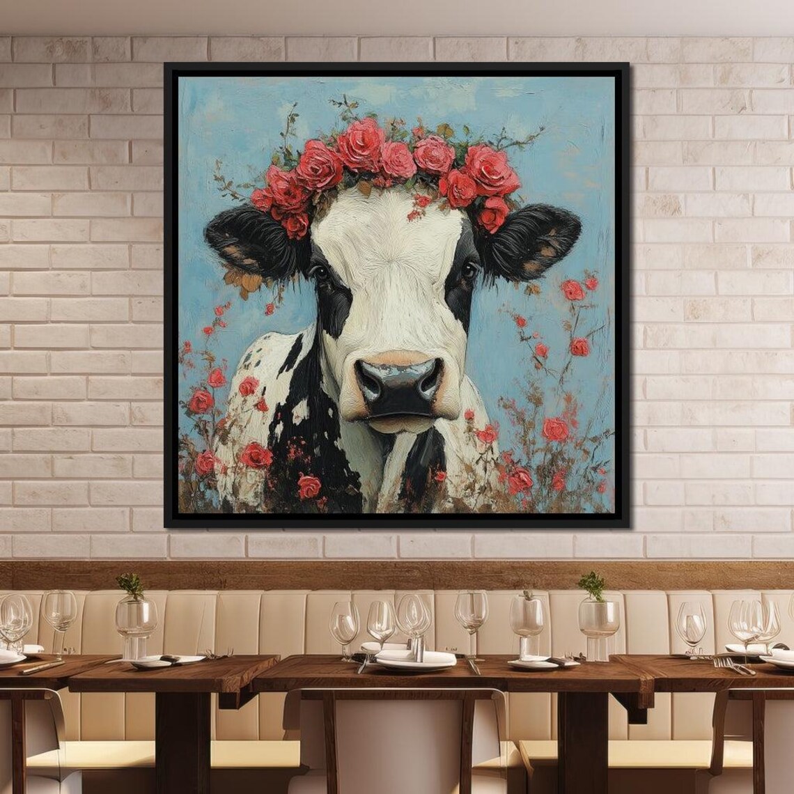Black And White Cow Red Rose Crown Floral Farmhouse Wall Art Poster - Image 3