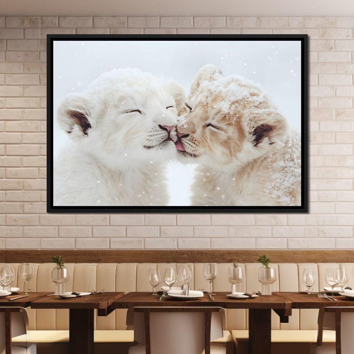 Two Lion Cubs Nuzzling In Falling Snow Wildlife Photo Poster - Image 3