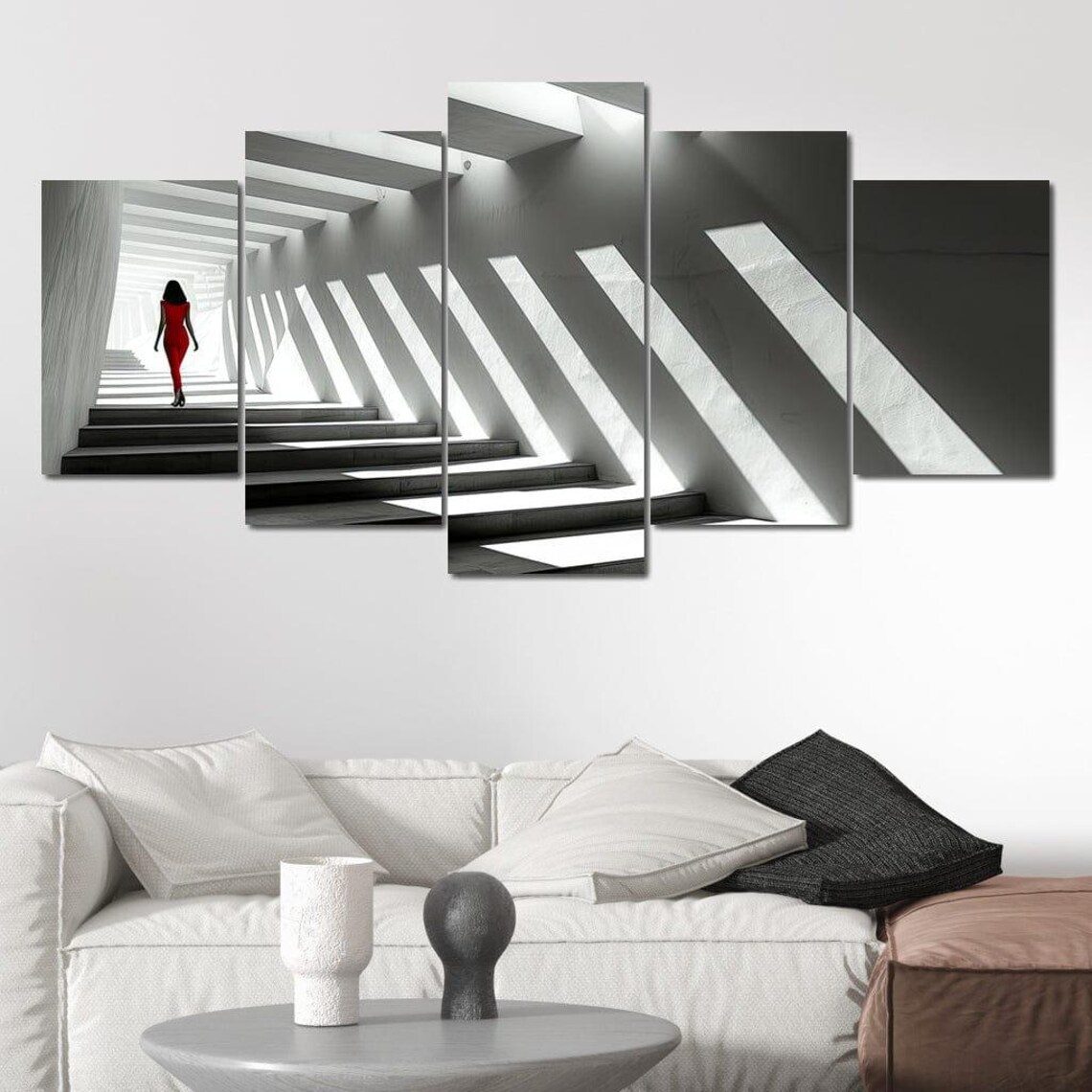 Concrete Staircase Red Dress Light Beam Minimalist Architecture Poster - Image 4
