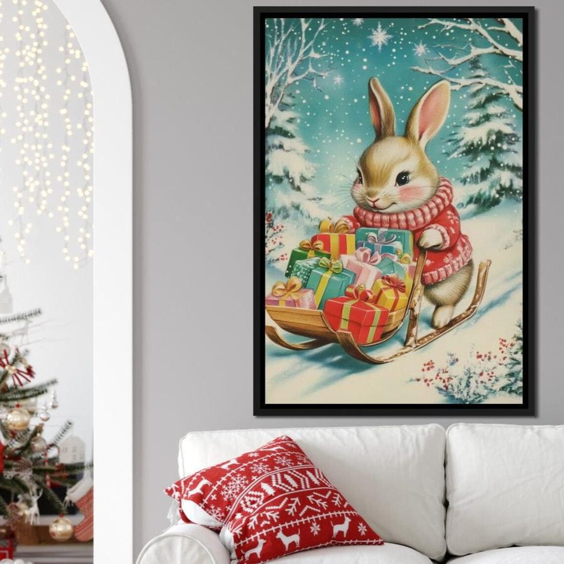 Christmas Bunny Red Sweater Sled of Gifts Snowy Scene Holiday Art Print - Image 2