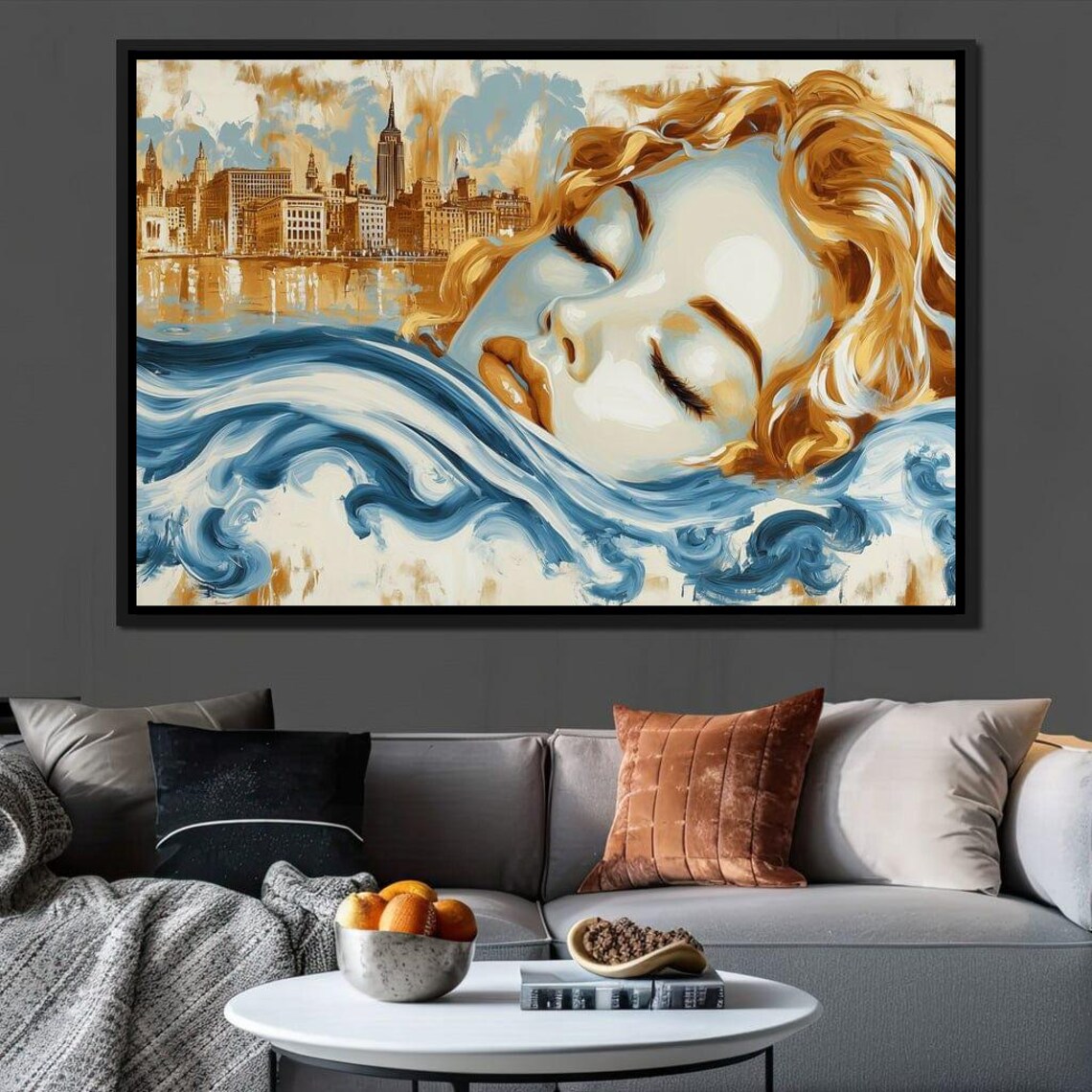 Sleeping Woman Golden Hair Ocean Waves Gold City Skyline Dream Poster - Image 2