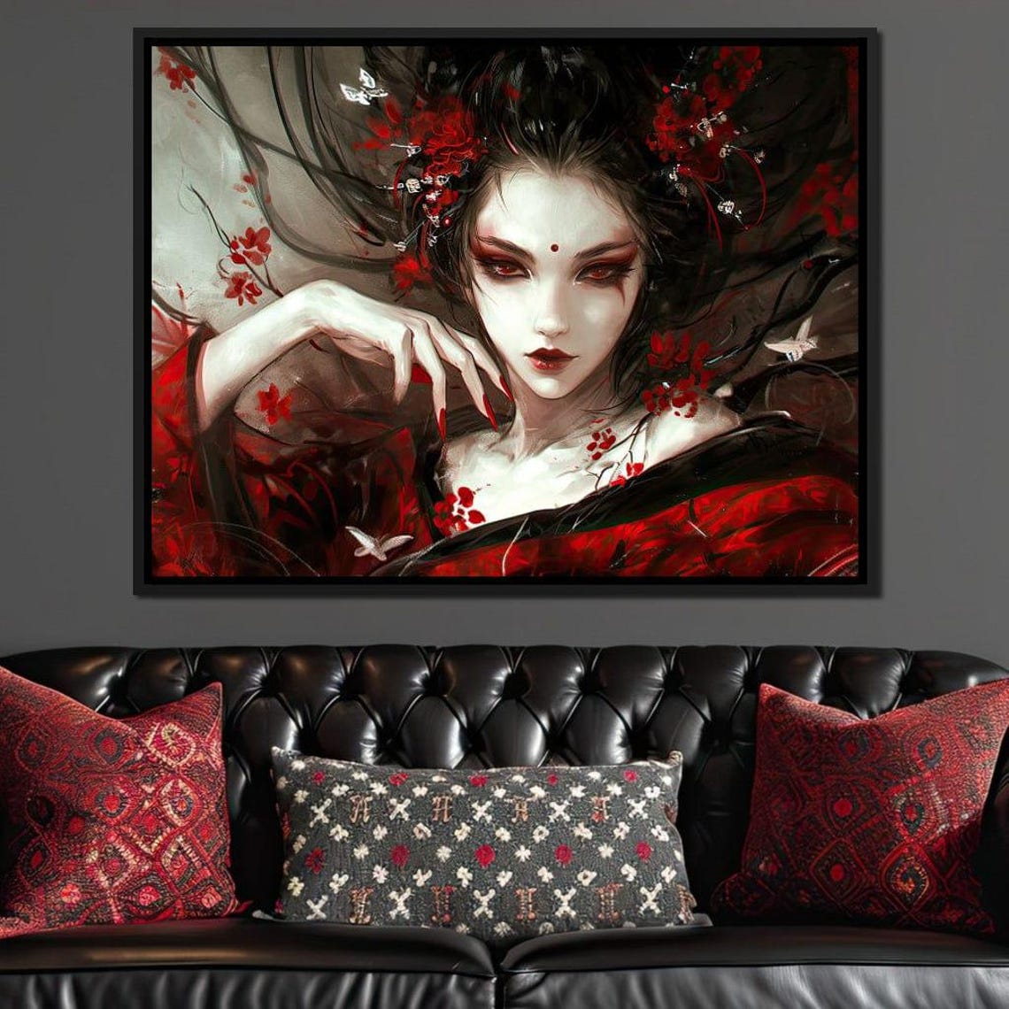 Mystical Geisha Red Kimono Blossom Hair Japanese Elegance Wall Art - Image 3