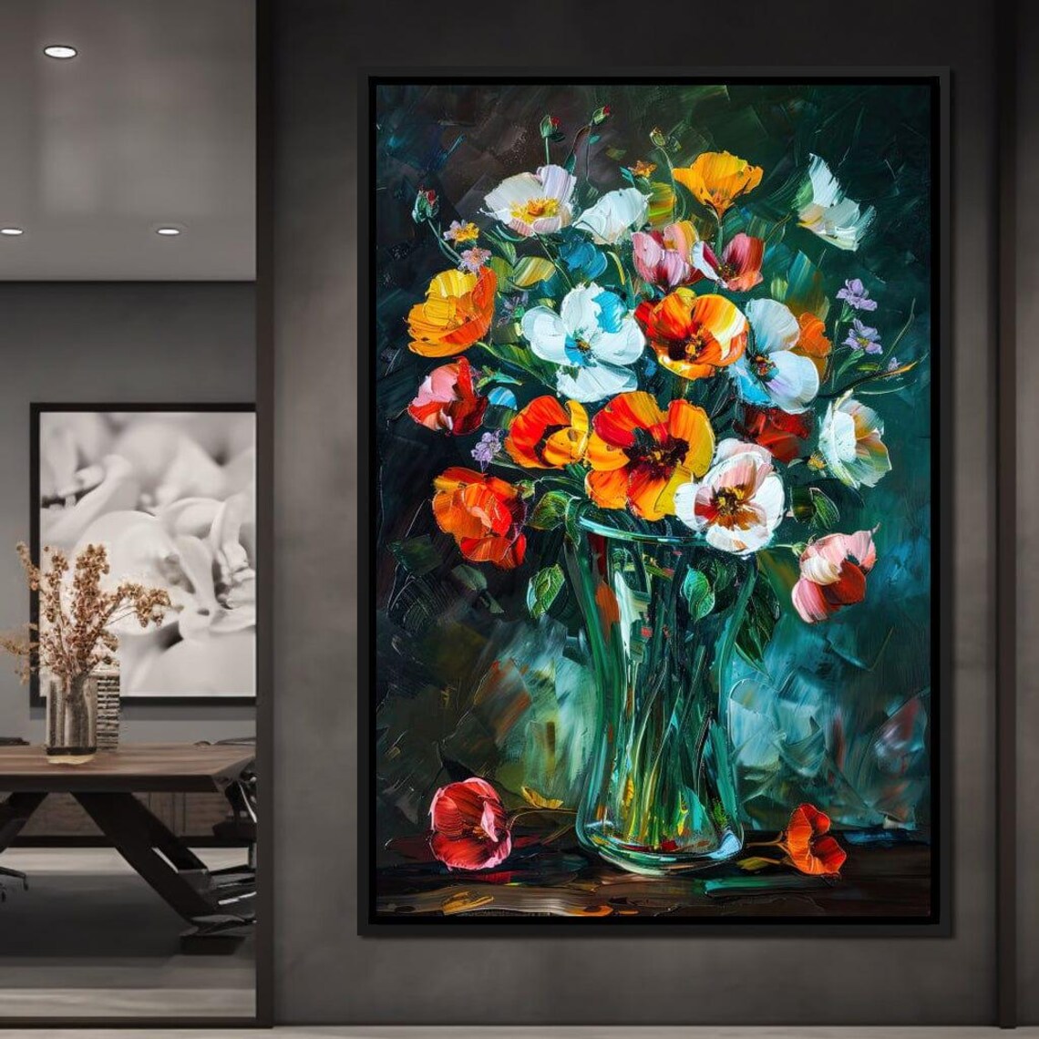Colorful Impasto Wildflower Bouquet Glass Vase Oil Painting Print
