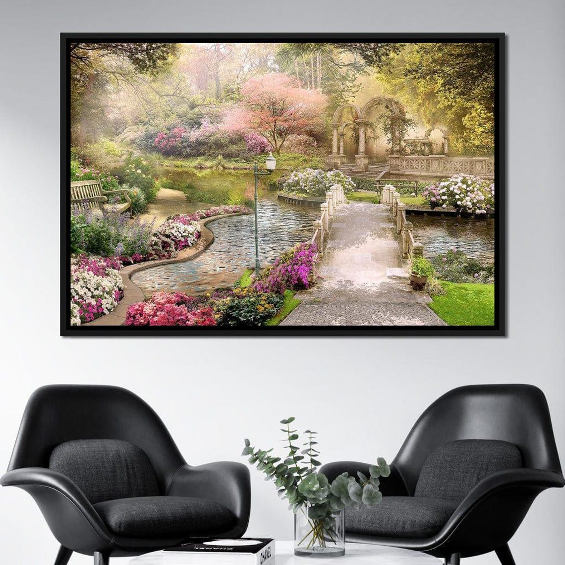 Dreamy Garden Bridge Flower Pond Romantic Spring Landscape Poster - Image 2