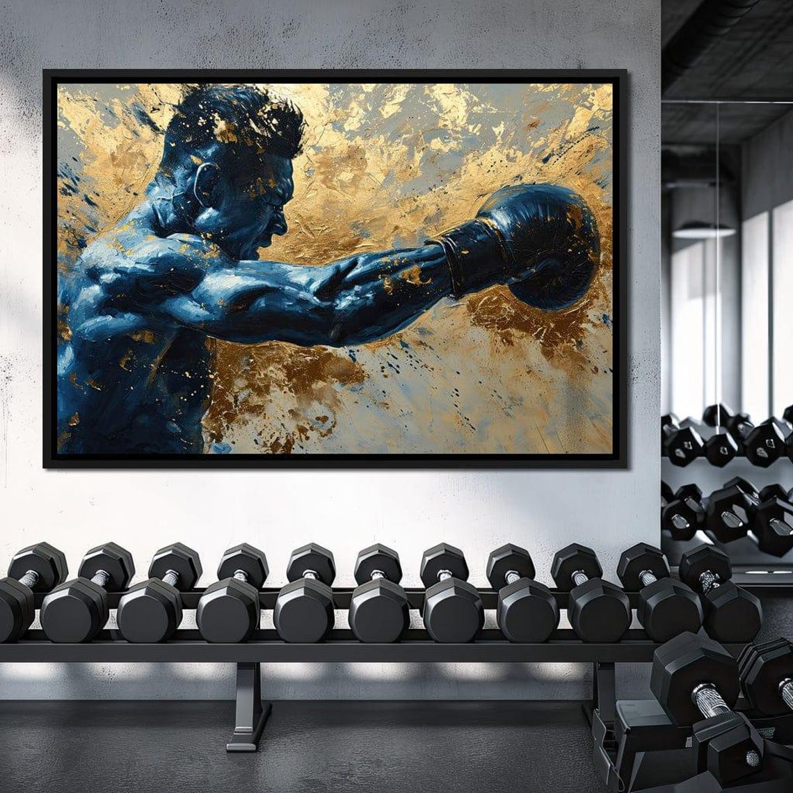 Azure Pugilist Unleashed Blue Boxer Gold Splatter Sports Poster - Image 3