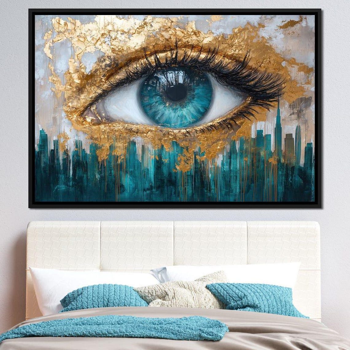 Blue Eye Gold Leaf City Skyline Surreal Abstract Eye Wall Art - Image 2