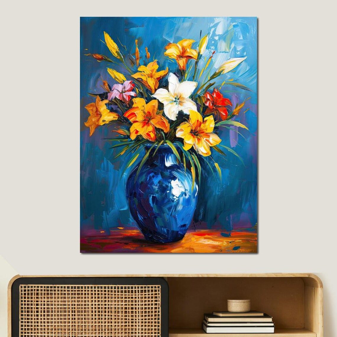 Yellow Orange Lilies Blue Vase Impasto Oil Painting Floral Wall Art - Image 3