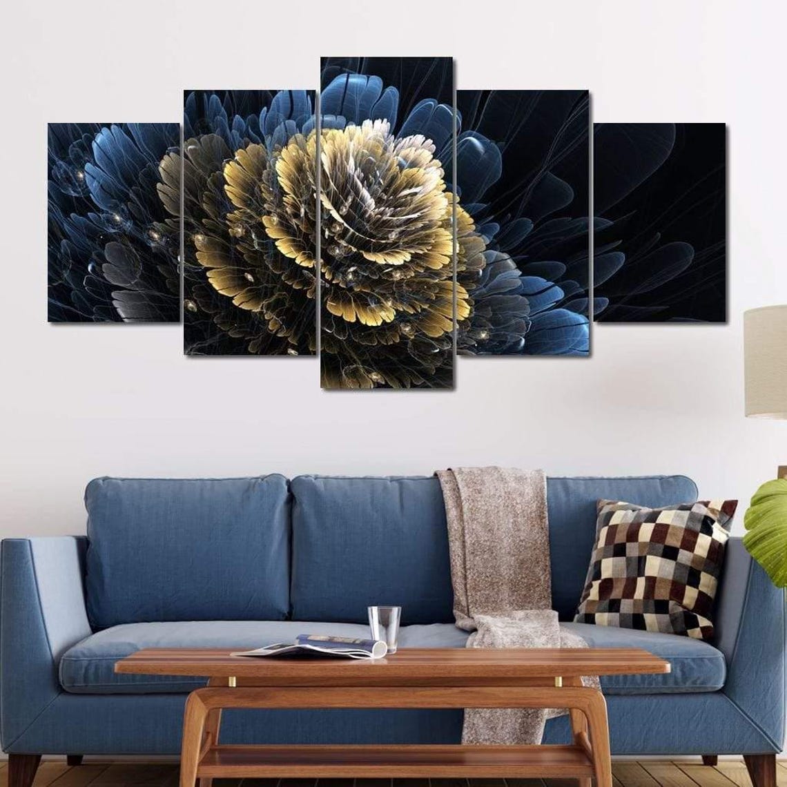Midnight Blue Gold Fractal Flower Bloom Dark Elegant Modern Poster