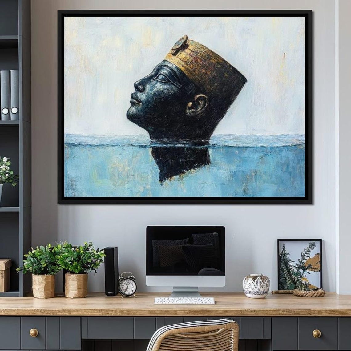 Egyptian Pharaoh Bust Emerging From Calm Water Minimalist Art Poster