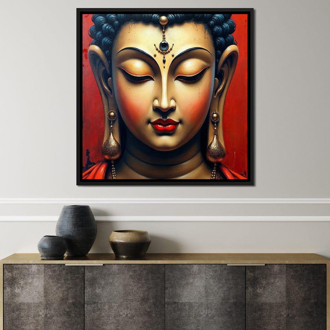 Serene Buddha Face Red Background Gold Robe Meditative Zen Art Poster - Image 2
