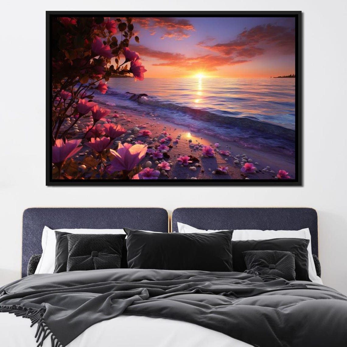 Tropical Sunset Beach Pink Flowers Ocean Waves Seaside Travel Poster - Image 2