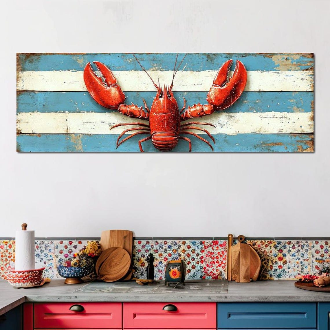 Red Lobster Blue White Striped Coastal Nautical Kitchen Wall Art - Image 3