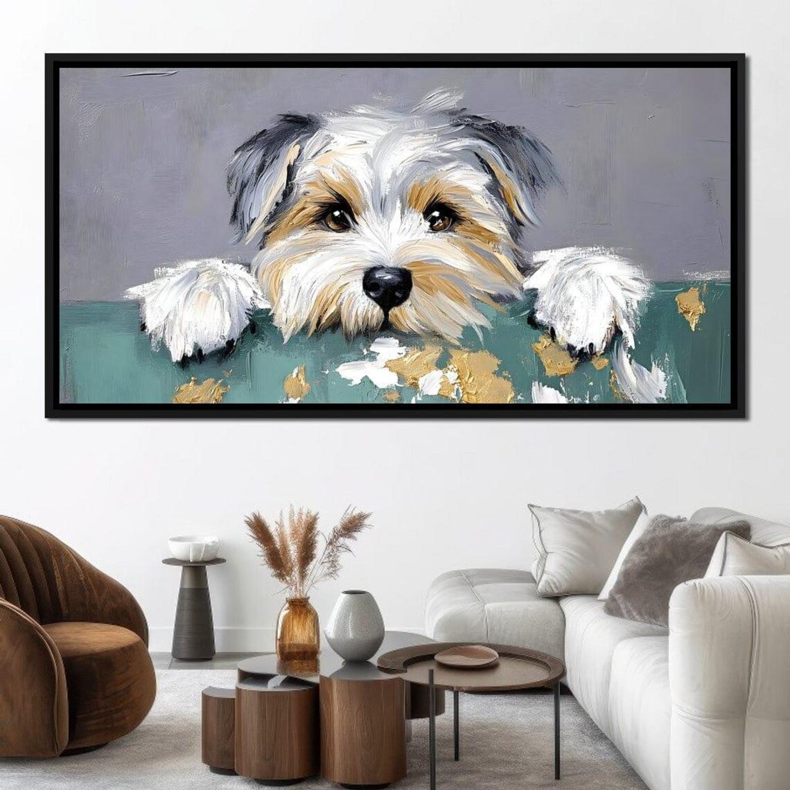 Yorkshire Terrier Puppy Peeking Over a Teal Wall with Gold Poster - Image 4