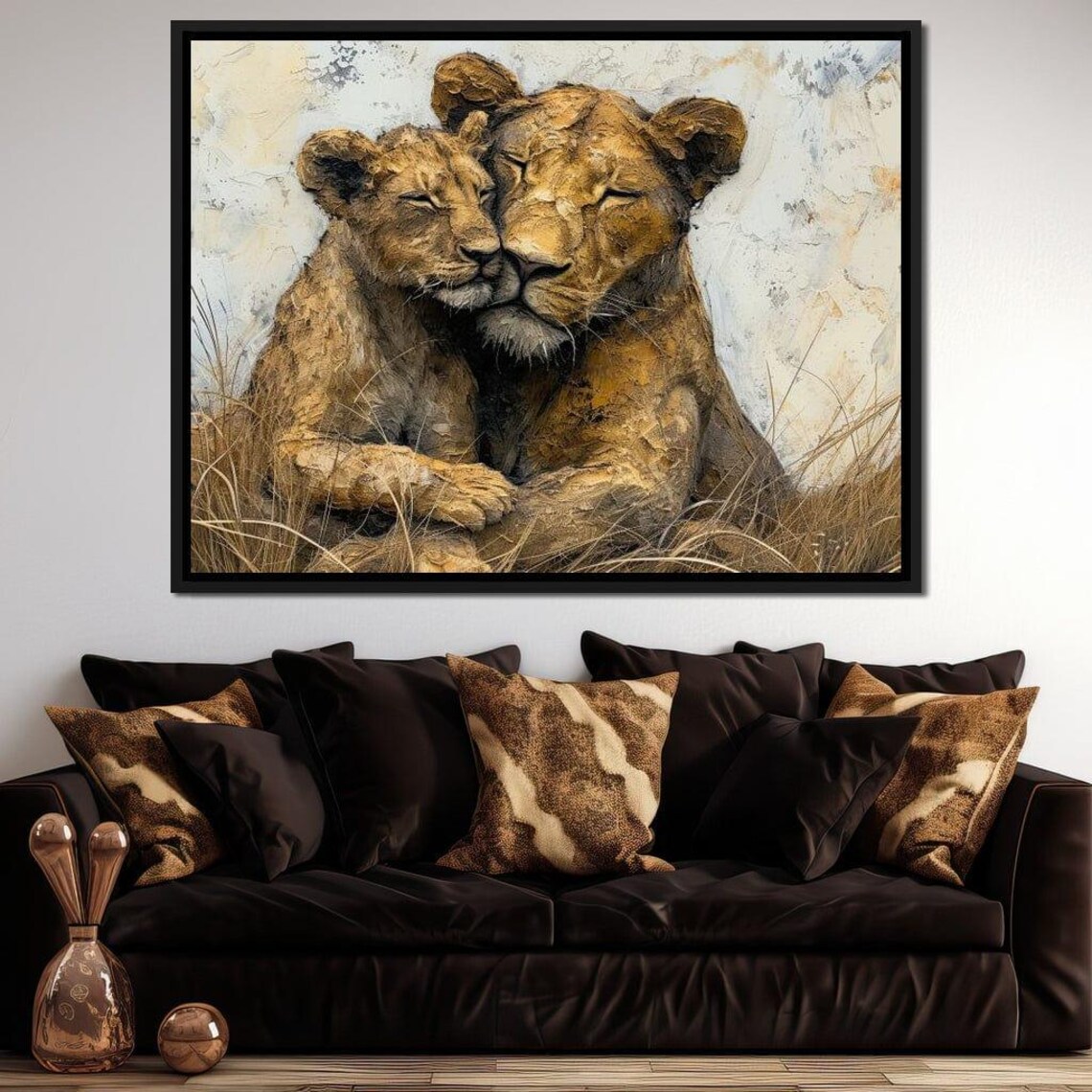 Lioness and Cub Tender Embrace Golden Savanna Wildlife Family Art Poster