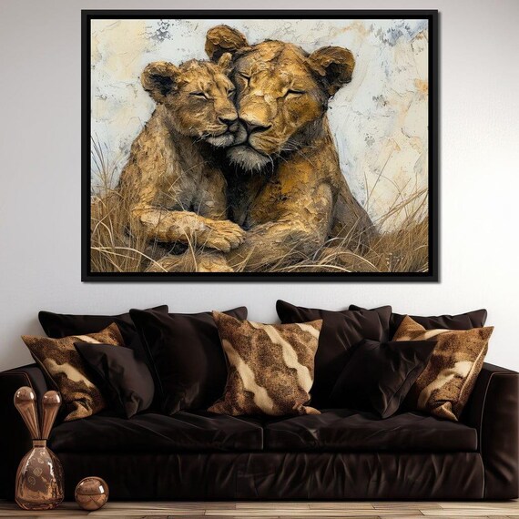 Lioness and Cub Tender Embrace Golden Savanna Wildlife Family Art Poster