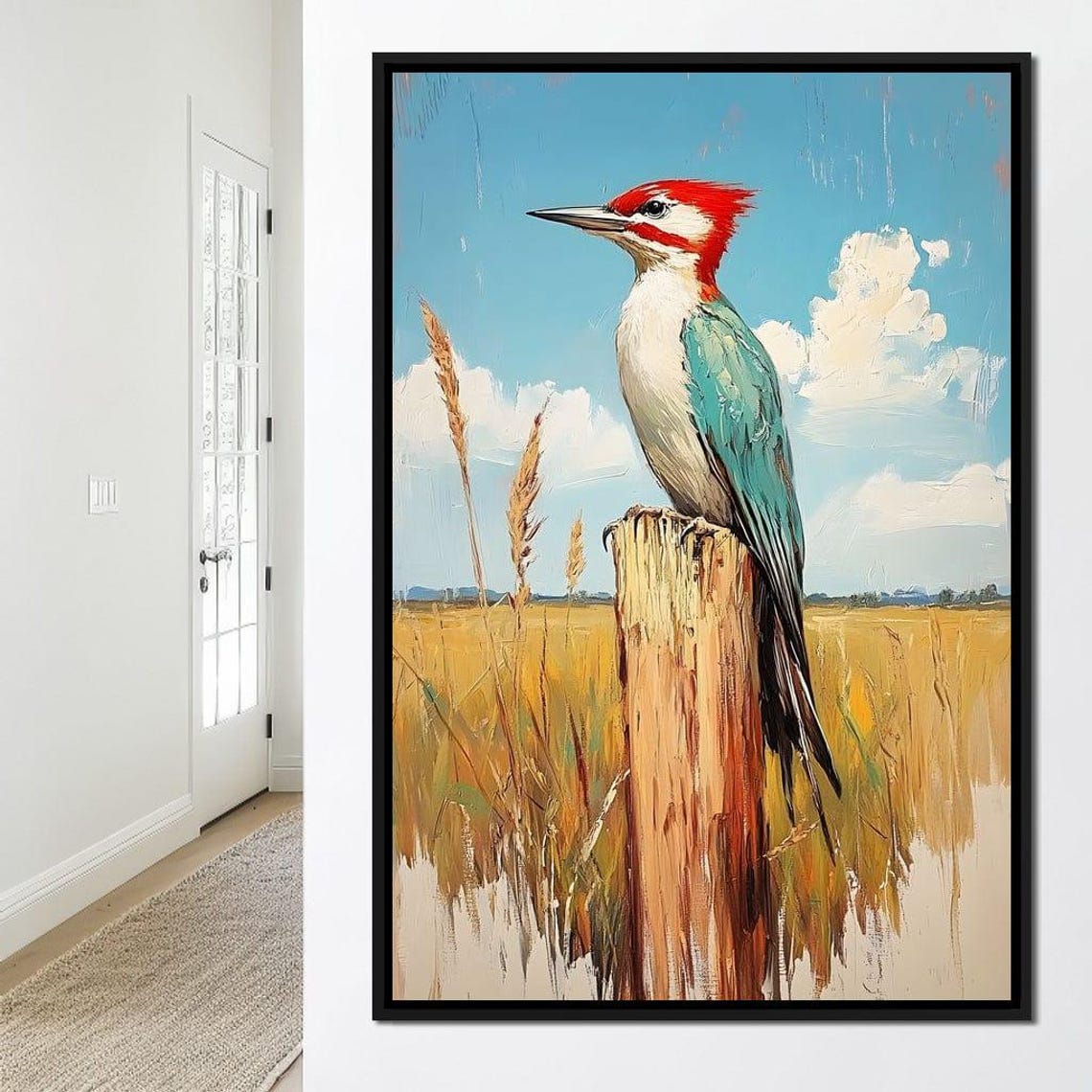 Red Crested Woodpecker Perched High In A Golden Meadow Poster