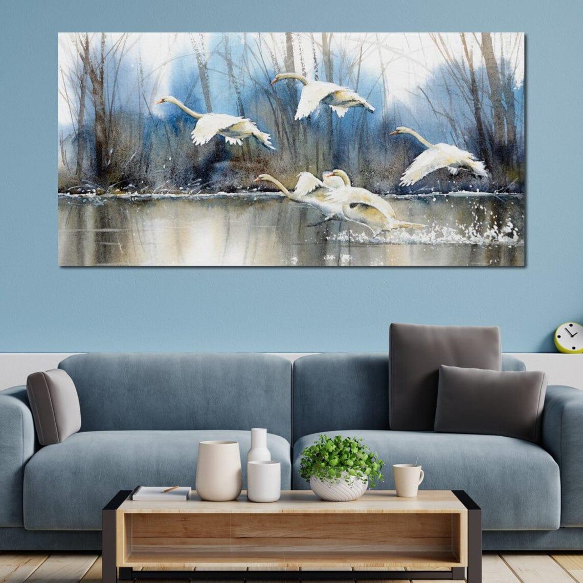 White Swans Flying Misty Lake Watercolor Elegant Bird Art Poster - Image 4