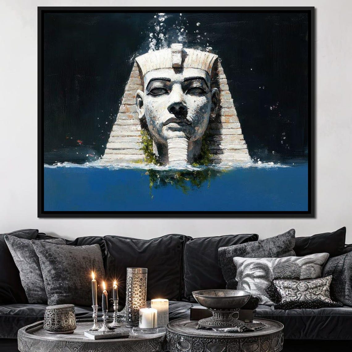 White Egyptian Statue Rising From Deep Blue Ocean Waves Night Wall Art - Image 2