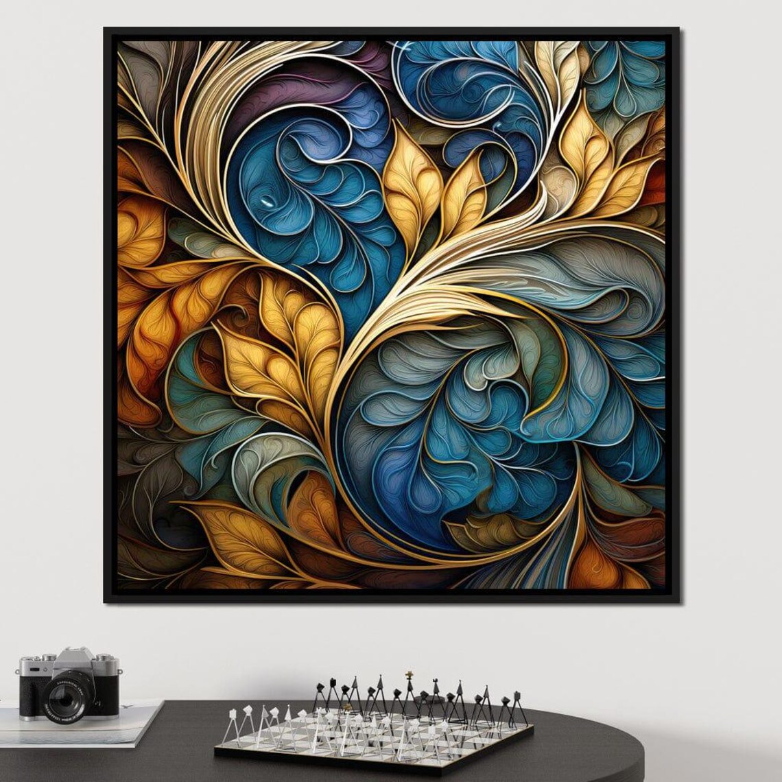 Blue Gold Swirling Leaf Fractal Pattern Abstract Modern Wall Art - Image 2