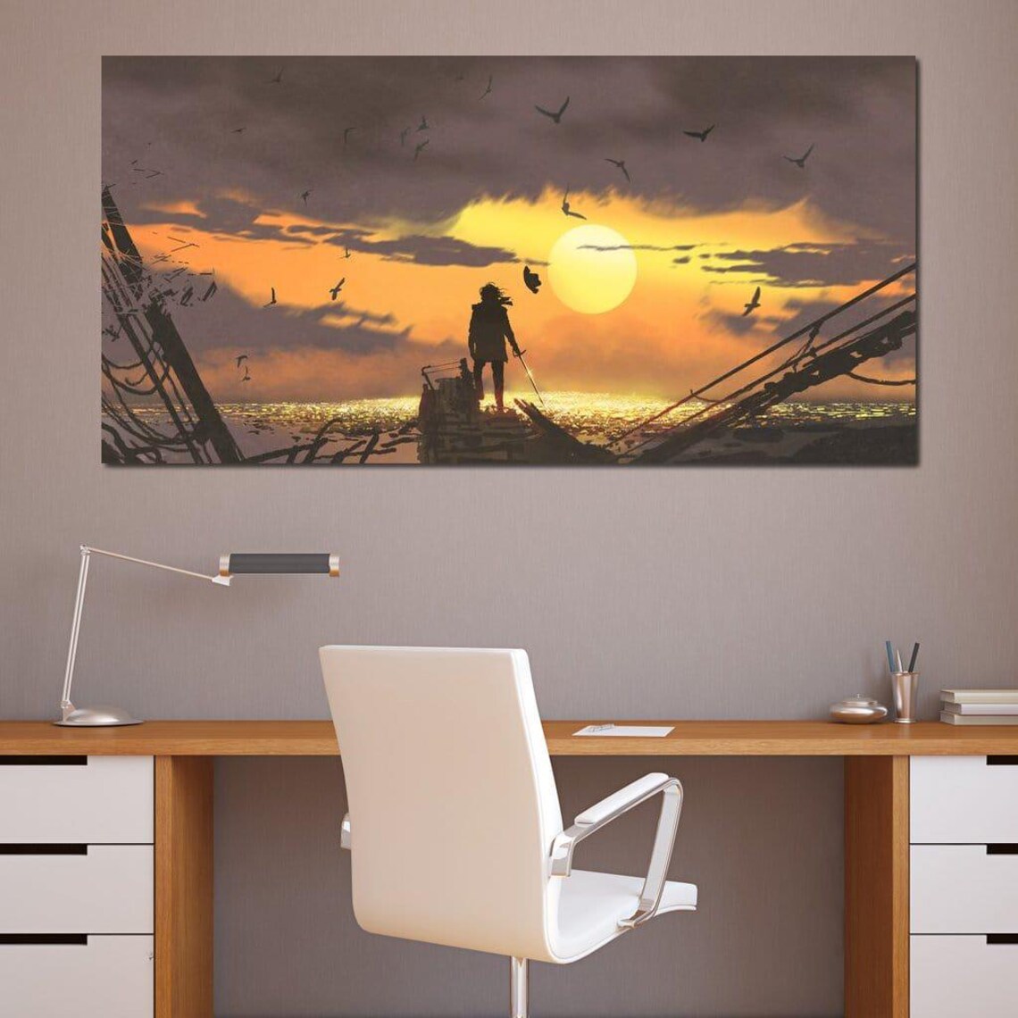 Warrior Silhouette Sword Shipwreck Sunset Dark Fantasy Seascape Poster - Image 4