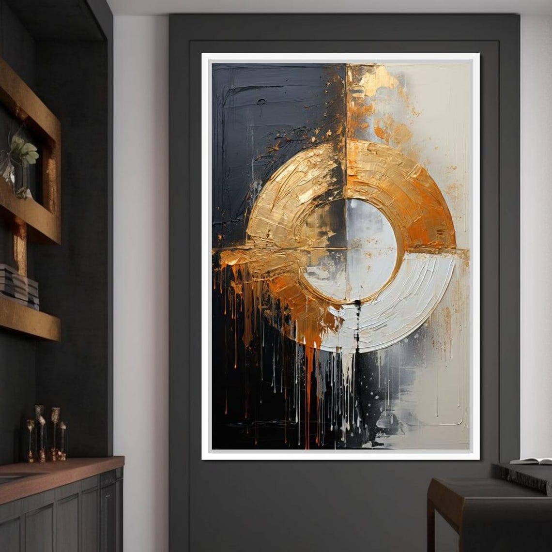 Gold Ring Eclipse Black White Drip Framed Abstract Wall Art Poster - Image 3