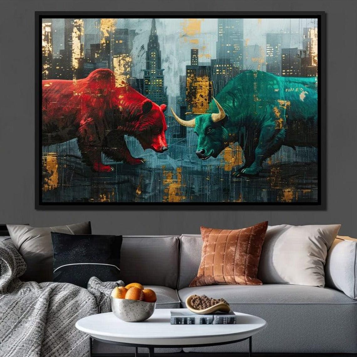 Bear Versus Bull Night City Finance Clash Golden Artwork Poster